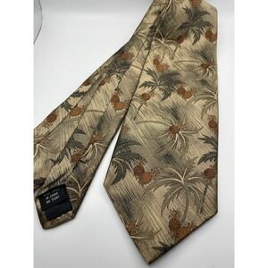 Tropical by Tango Mens Silk Necktie Palm Trees Pineapples Olive Green Gold Tie